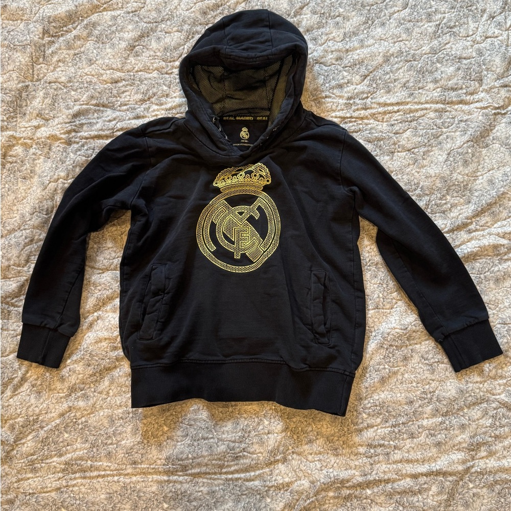 Kids Real Madrid Black Hoodie with Gold Emblem